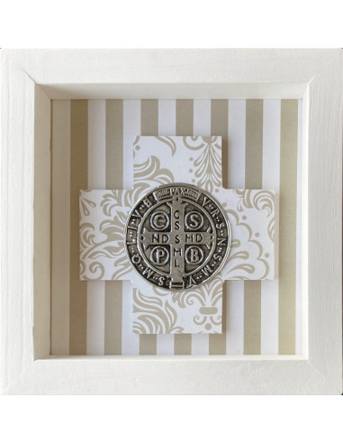 CUADRO SAN BENITO MADERA METAL BLANCO LINEAS BEIGE 18X18CM