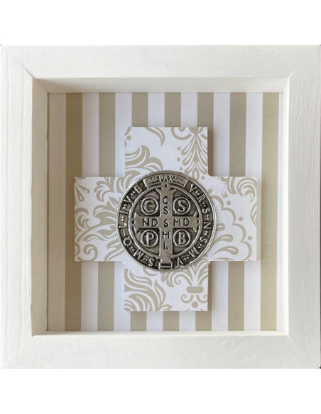 CUADRO SAN BENITO MADERA METAL BLANCO LINEAS BEIGE 18X18CM