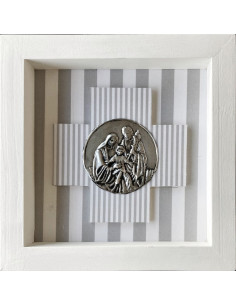 CUADRO SAGRADA FAMILIA MADERA METAL BLANCO LINEAS GRIS 18X18CM