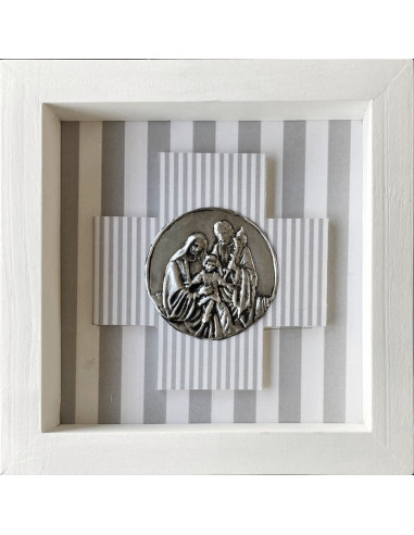 CUADRO SAGRADA FAMILIA MADERA METAL BLANCO LINEAS GRIS 18X18CM