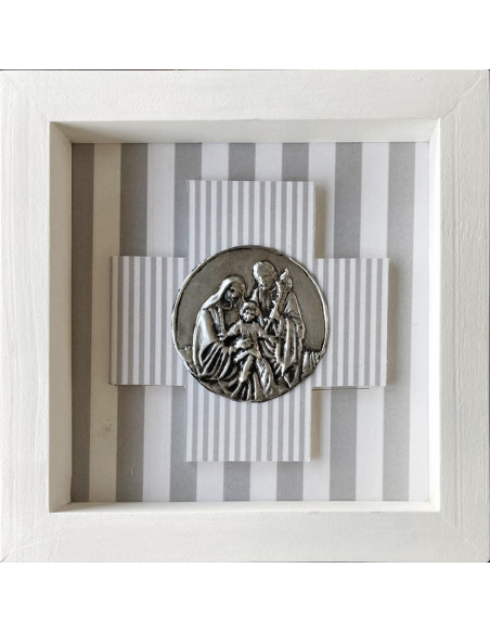 CUADRO SAGRADA FAMILIA MADERA METAL BLANCO LINEAS GRIS 18X18CM