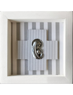 CUADRO VIRGEN NIÑO MADERA METAL BLANCO LINEAS GRIS 18X18CM