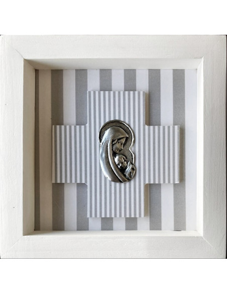 CUADRO VIRGEN NIÑO MADERA METAL BLANCO LINEAS GRIS 18X18CM