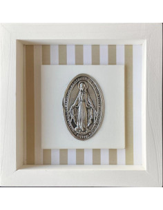 CUADRO VIRGEN RAYOS MADERA METAL BLANCO LINEAS BEIGE 18X18CM