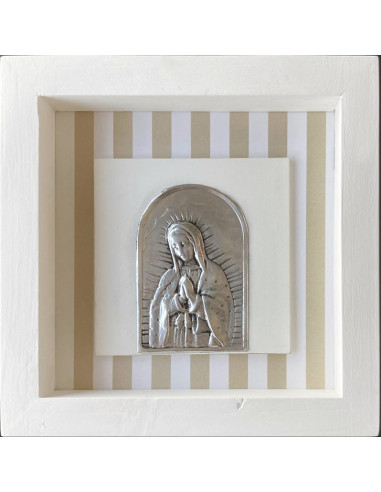 CUADRO VIRGEN GUADALUPE MADERA METAL BLANCO LINEAS BEIGE 18X18CM