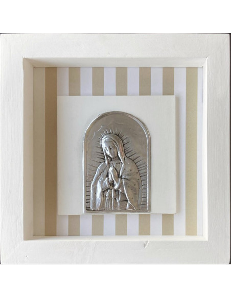 CUADRO VIRGEN GUADALUPE MADERA METAL BLANCO LINEAS BEIGE 18X18CM