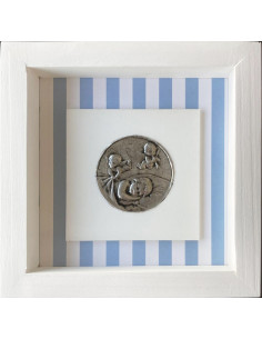 CUADRO ANGEL MADERA METAL BLANCO LINEAS CELESTES 18X18CM
