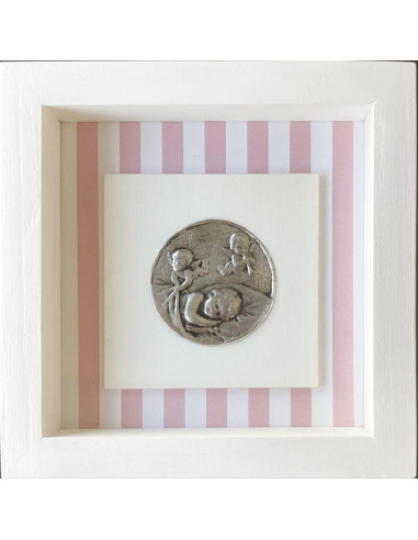 CUADRO ANGEL MADERA METAL BLANCO LINEAS ROSADAS 18X18CM
