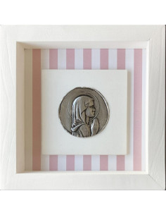 CUADRO VIRGEN NIÑA MADERA METAL BLANCO LINEAS ROSADAS 18X18CM