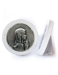 CUADRO VIRGEN NIÑA CON PIE MADERA METAL REDONDO BLANCO 8CM