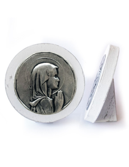 CUADRO VIRGEN NIÑA CON PIE MADERA METAL REDONDO BLANCO 8CM