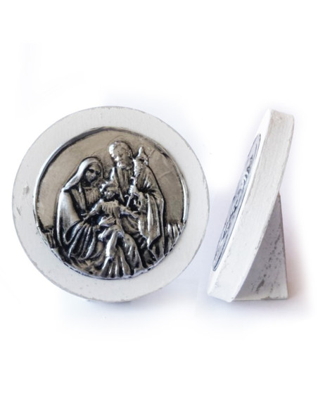 CUADRO SAGRADA FAMILIA CON PIE MADERA METAL REDONDO BLANCO 8CM