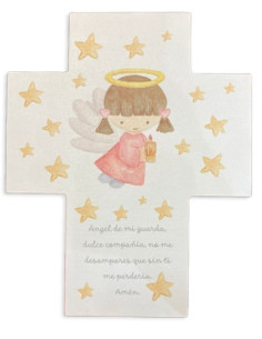 CRUZ ANGEL GUARDA ROSADO ESTRELLAS 25X20CM