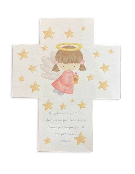 CRUZ ANGEL GUARDA ROSADO ESTRELLAS 25X20CM