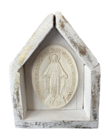 CUADRO CASITA VIRGEN RAYOS BLANCO MADERA SIÑA 23CM
