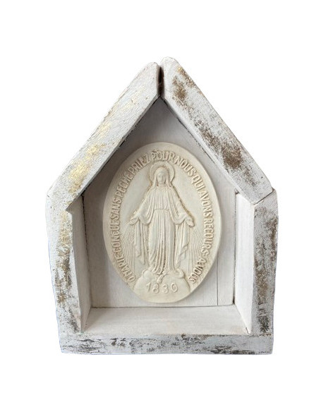 CUADRO CASITA VIRGEN RAYOS BLANCO MADERA SIÑA 23CM